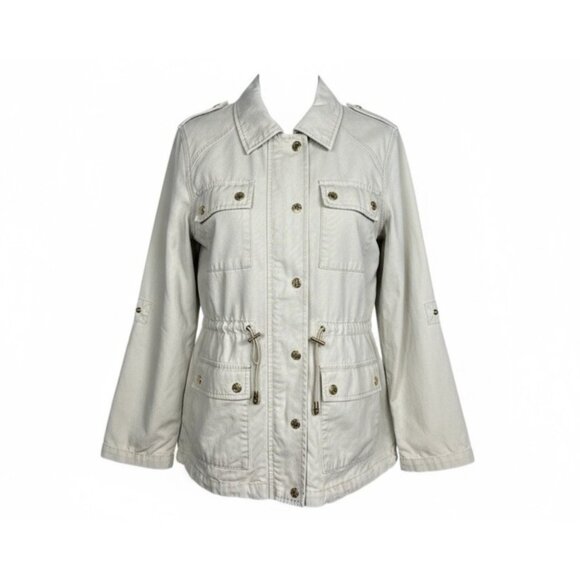 Michael Kors Womens Utility Jacket Medium Beige Tan Gold Pockets Snap Zip Front - Picture 1 of 11